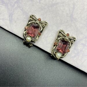 Vintage Clip On Earrings Purple Stone & Faux Pearl